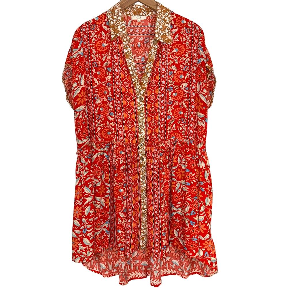 Easel Orange Floral Printed Button Front Collared Tunic Mini Dress Size Medium